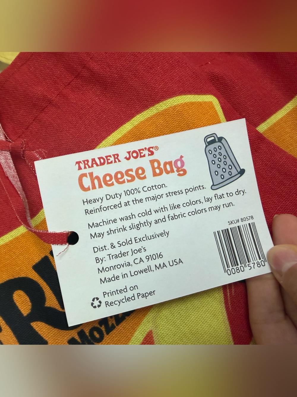 NWT Trader Joe’s Cheese Experience Reusable Tote Bag Large Cotton Grocery Bag - Picture 4 of 4